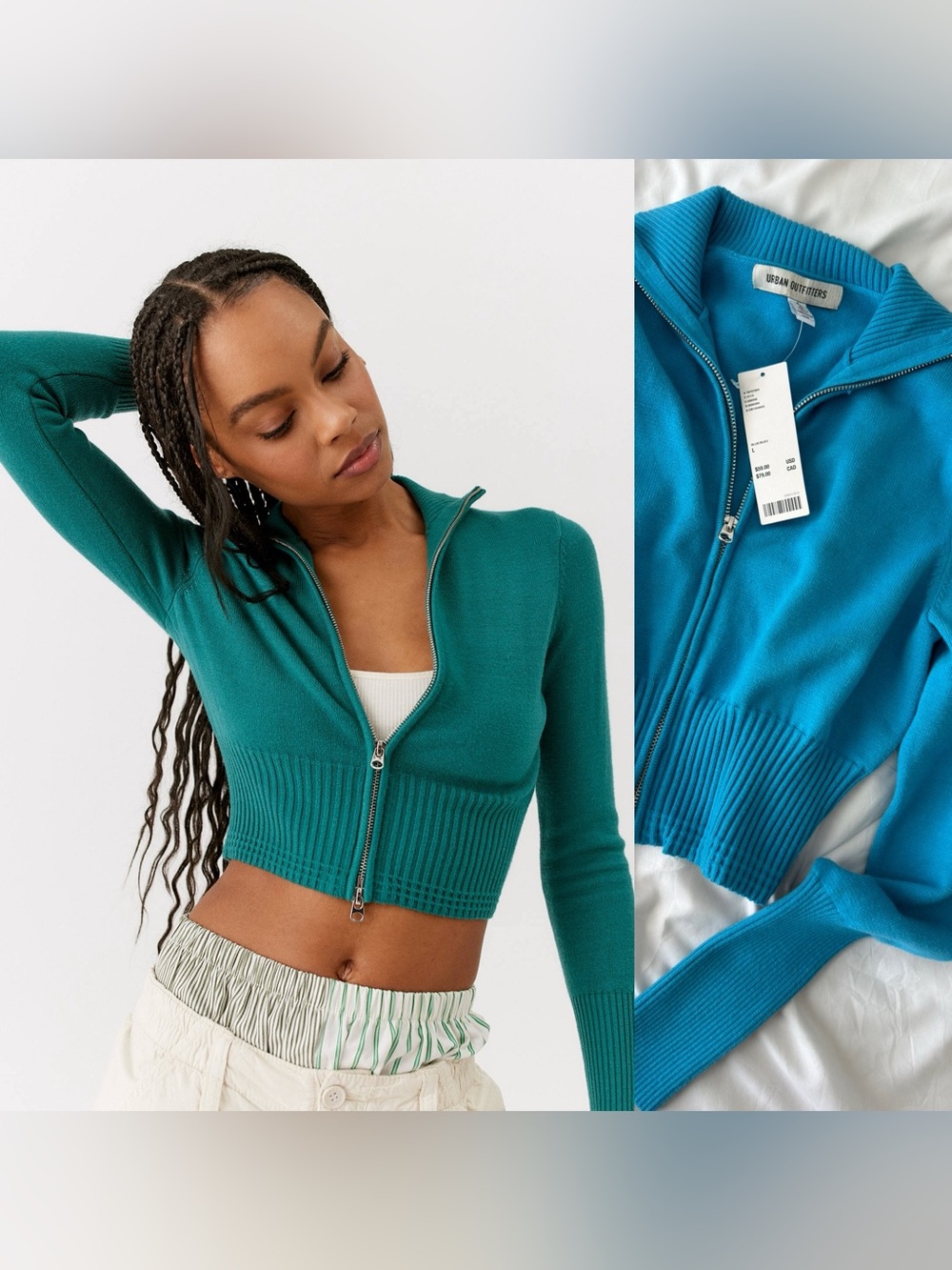 Urban Outfitters Everleigh Double Zip Blue Sweater Large NWT Cropped Knit Y2K